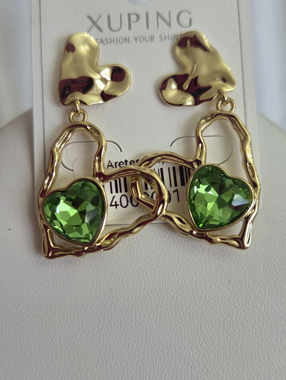 18k Laminated Gold-Tone Drop Earrings with Green and Burgundy Hearts
